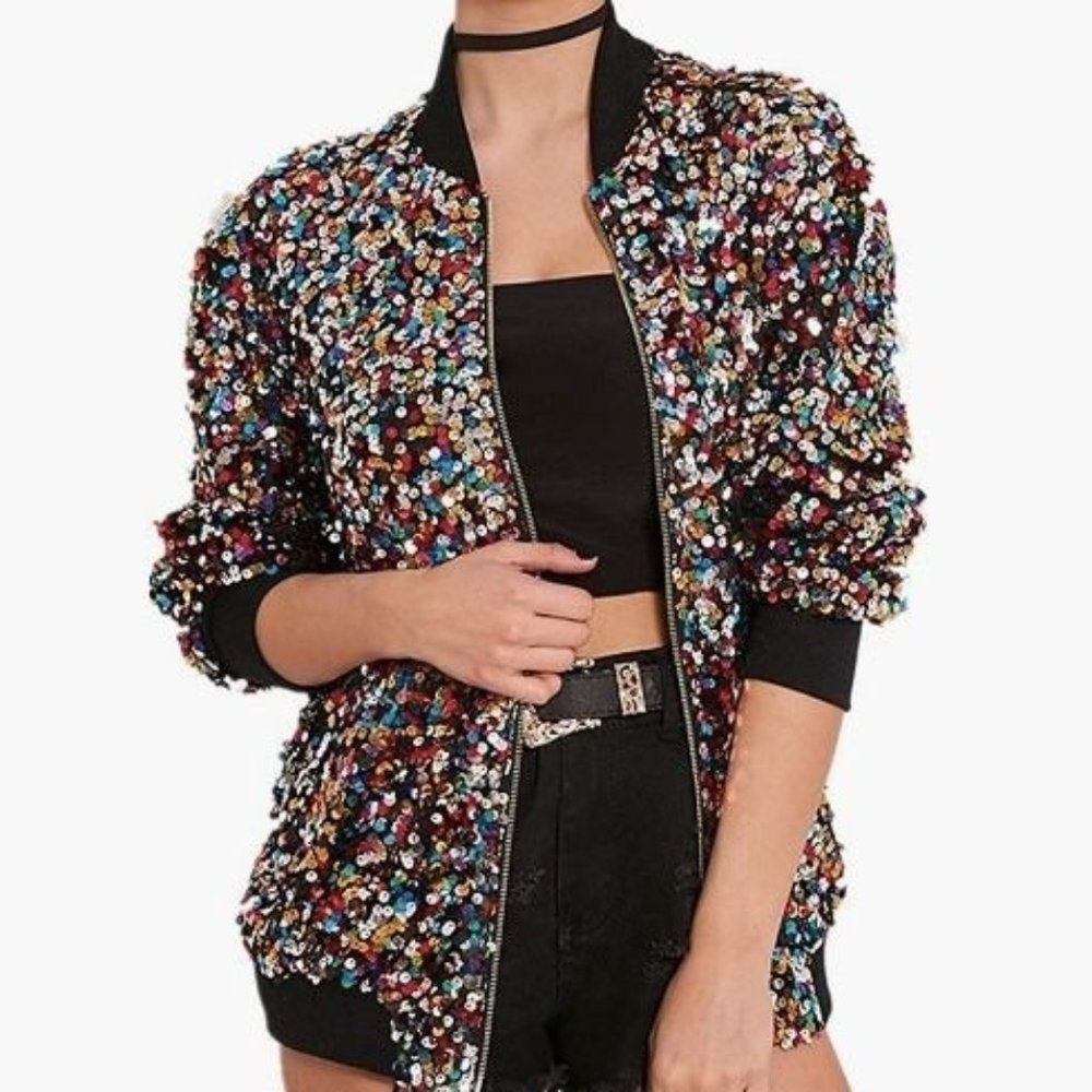 Cresay Black Sequin Long Sleeve Zipper Bomber Jacket Sz Medium